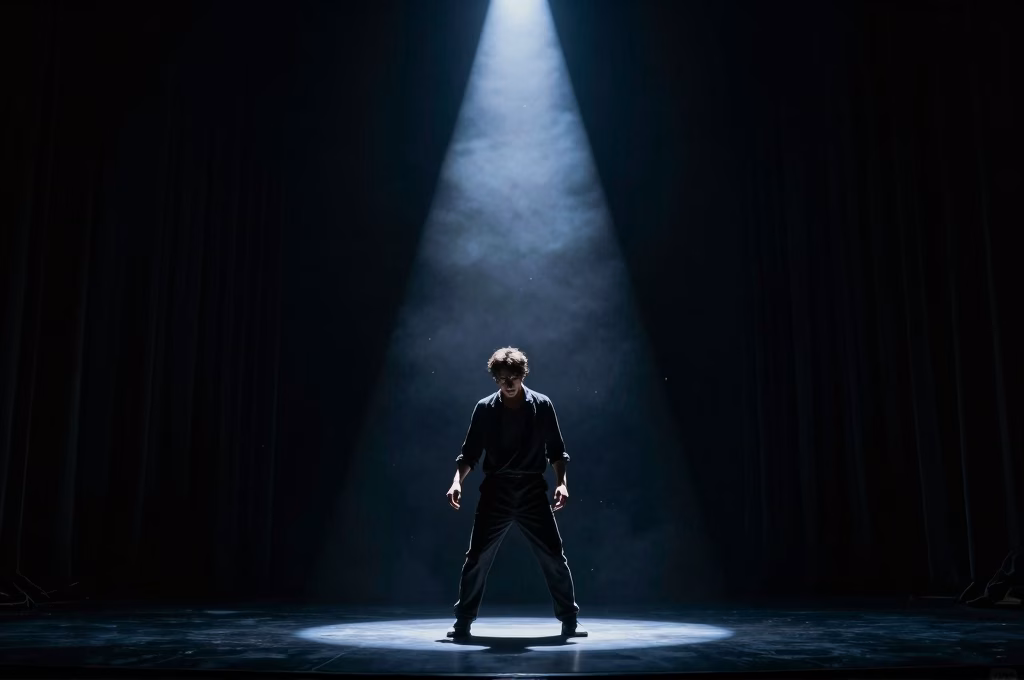 Scene de cinema dramatique avec silhouette d acteur sur scene eclairee par un projecteur