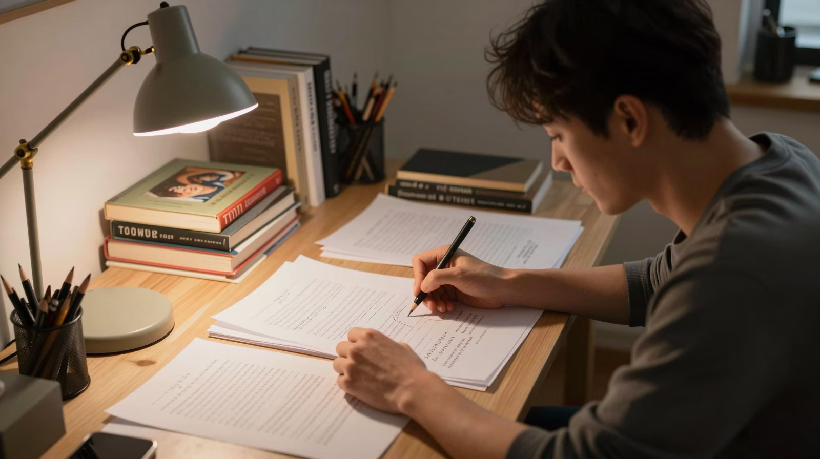 Acteur analysant son personnage avec ses notes et scripts