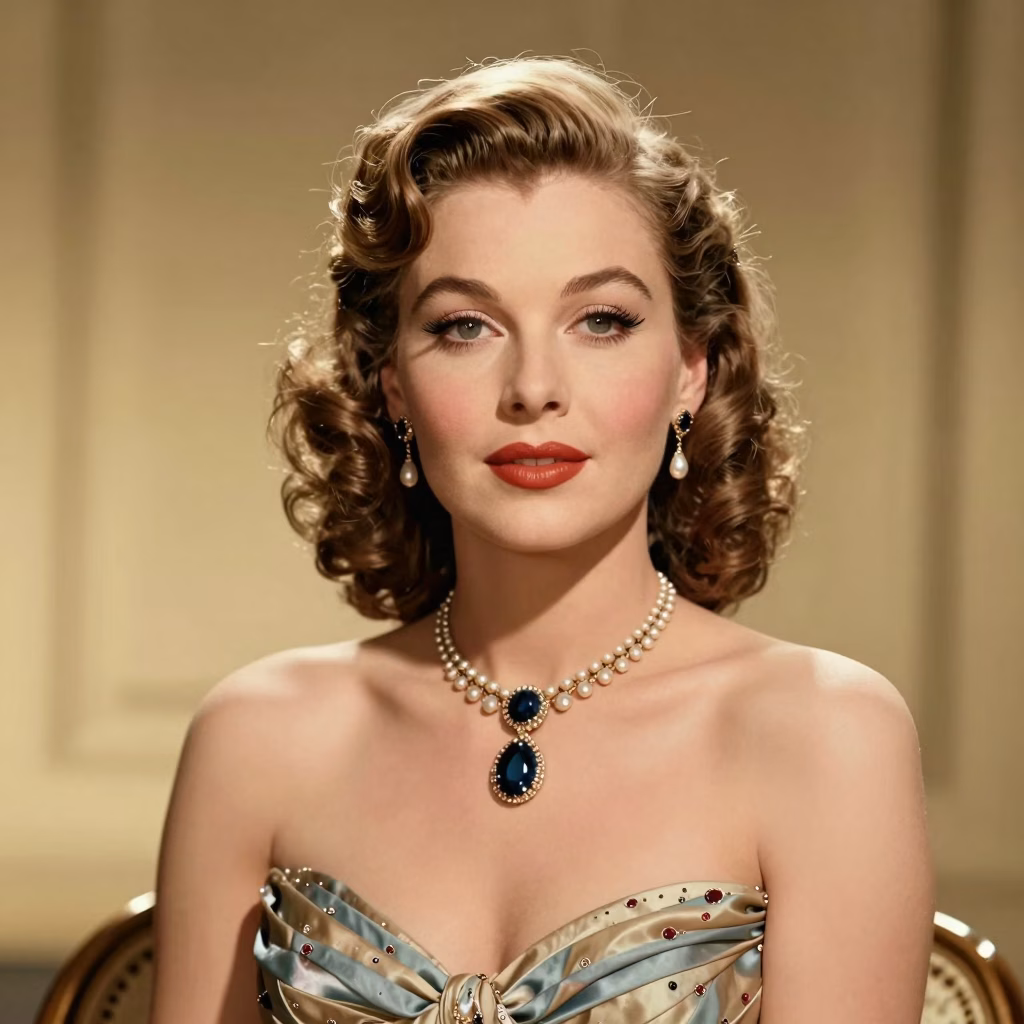 Femme européenne en robe vintage glamour Hollywood avec bijoux élégants, style cinéma classique âge d'or