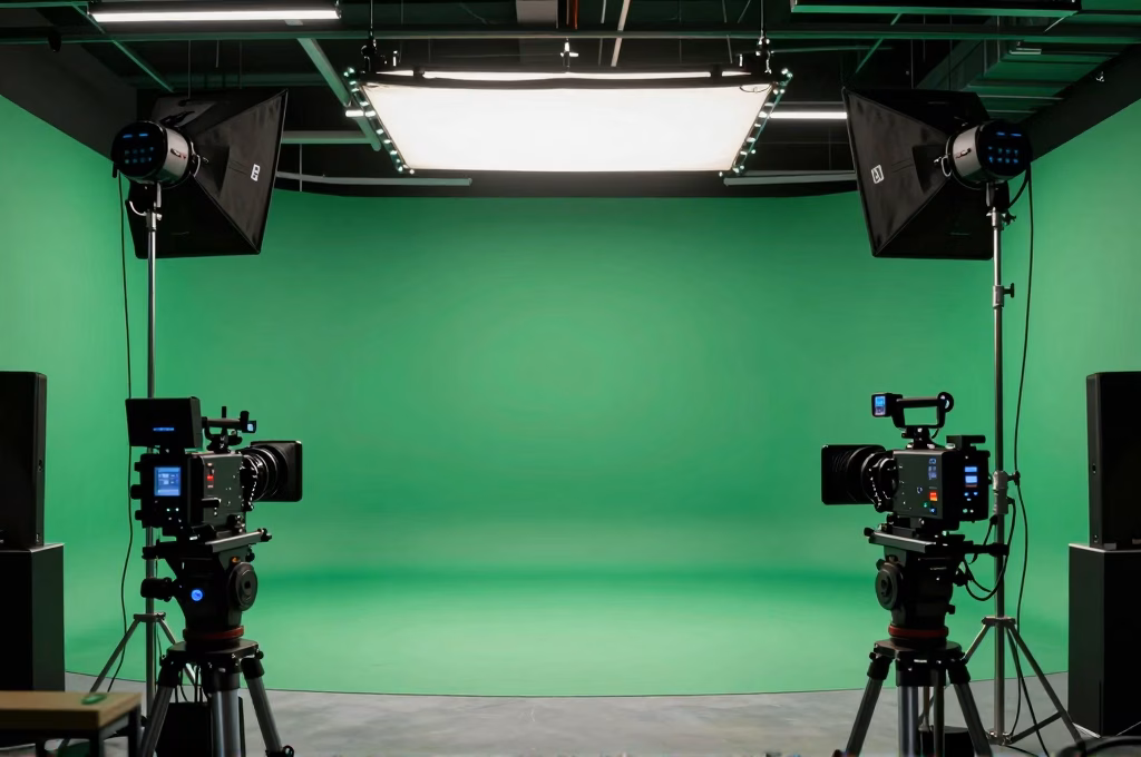 Studio de production moderne avec écran vert et équipement d'éclairage professionnel