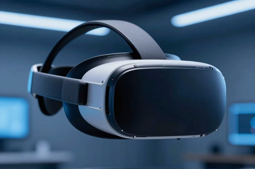Casque de réalité virtuelle dans un environnement cinématographique futuriste
