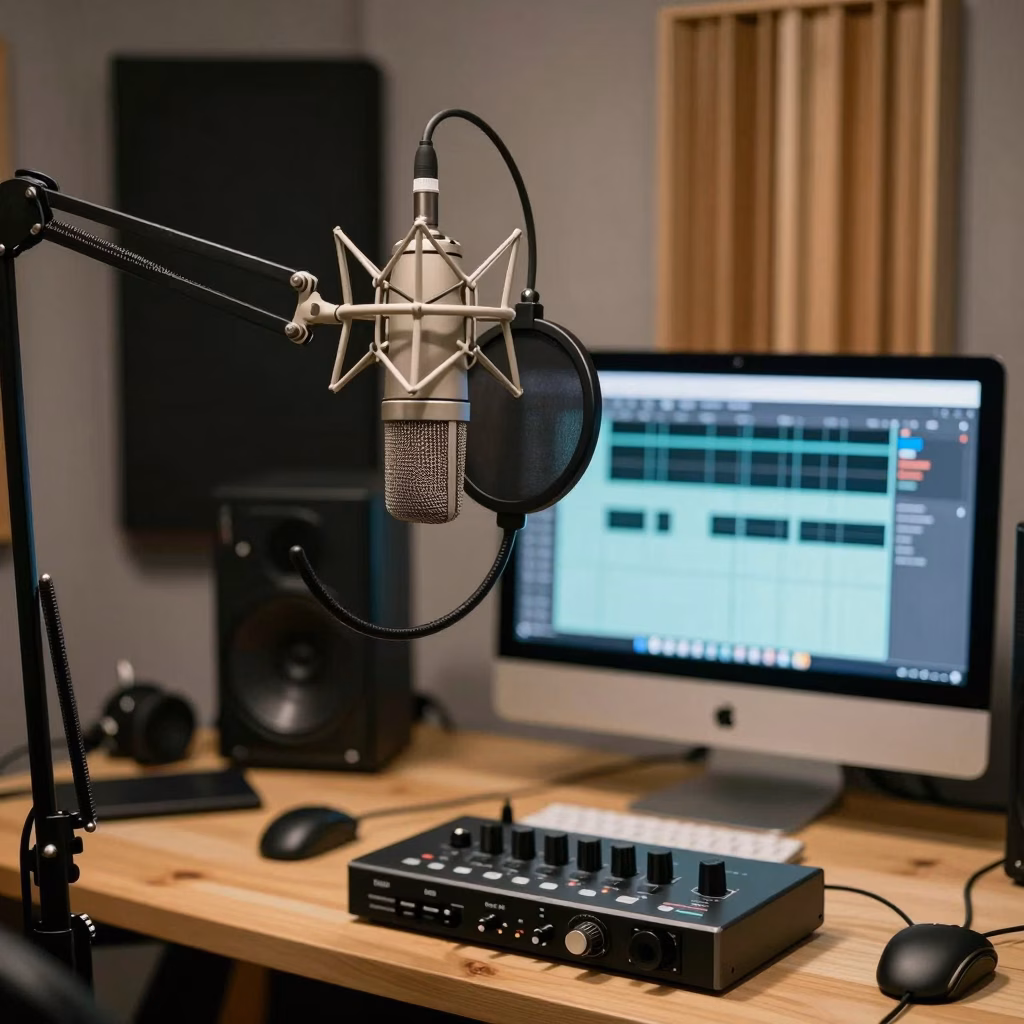 Home studio professionnel pour enregistrement voix off avec micro et interface audio
