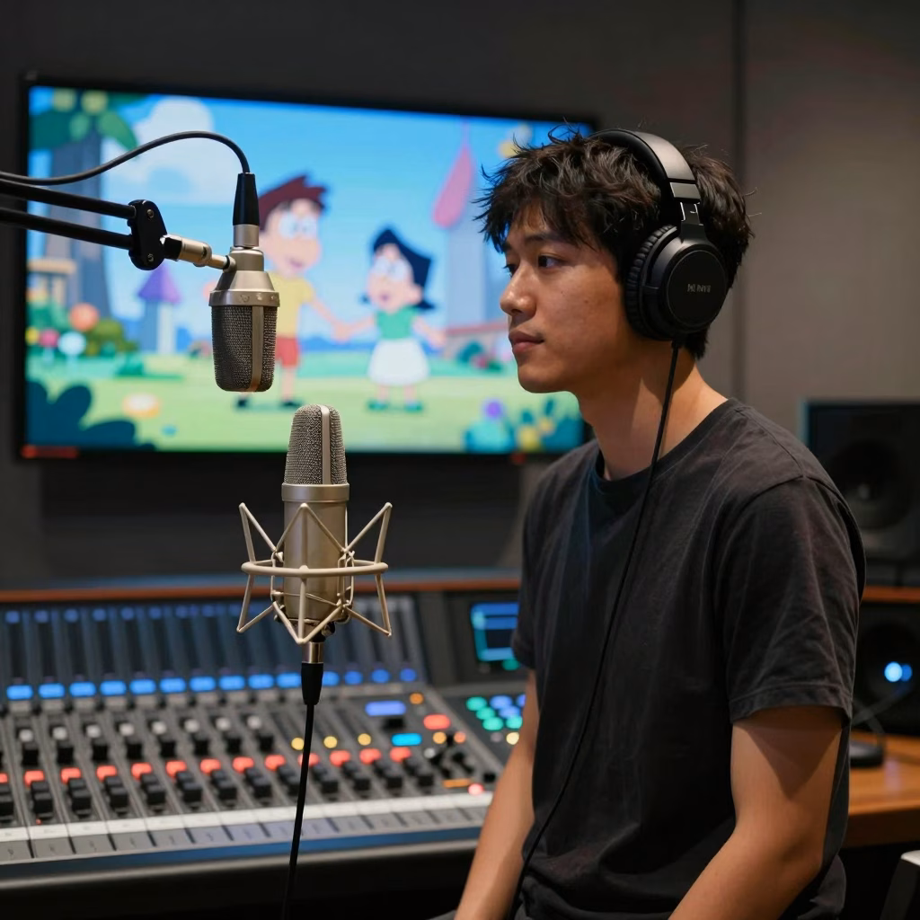 Comédien en session de doublage dans un studio professionnel