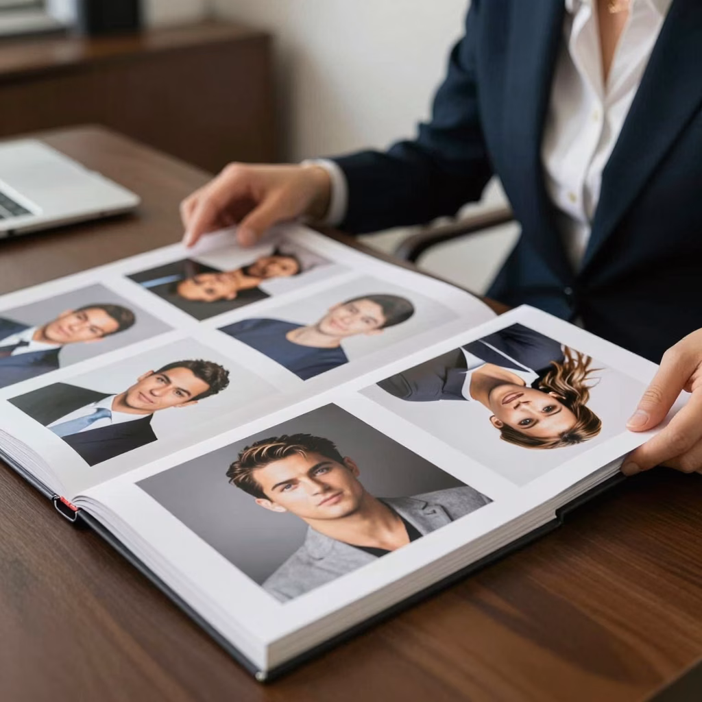 Book photo d'acteur ouvert sur un bureau avec directeur de casting examinant les photos de casting