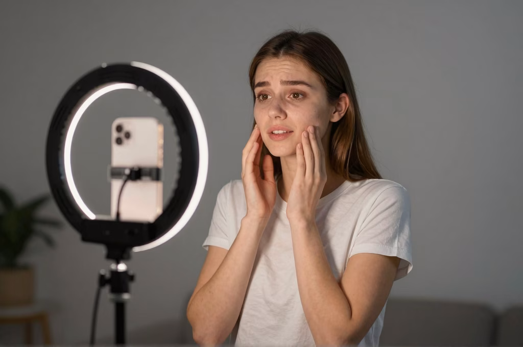 Actrice jouant une scene emotionnelle pour sa self-tape dans un studio a domicile avec ring light