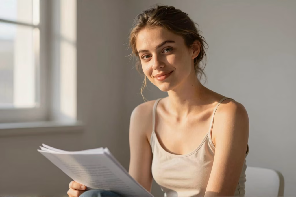 Actrice confiante apres l'enregistrement de sa self-tape dans un studio lumineux et chaleureux
