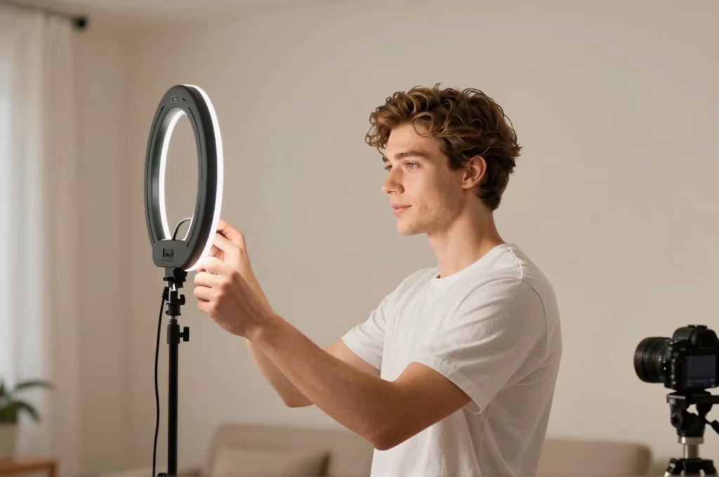 Acteur ajustant son eclairage ring light et son trepied avant l'enregistrement de sa self-tape