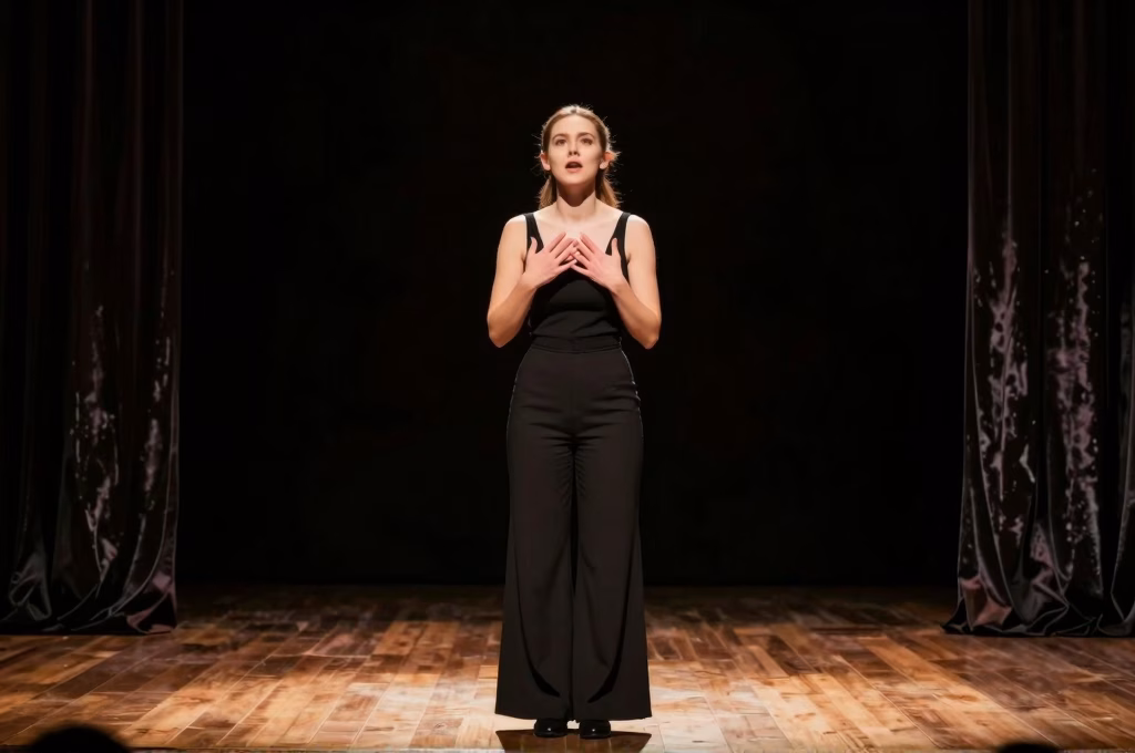 Actrice debutante interpretant un monologue sur une petite scene de theatre avec un eclairage dramatique