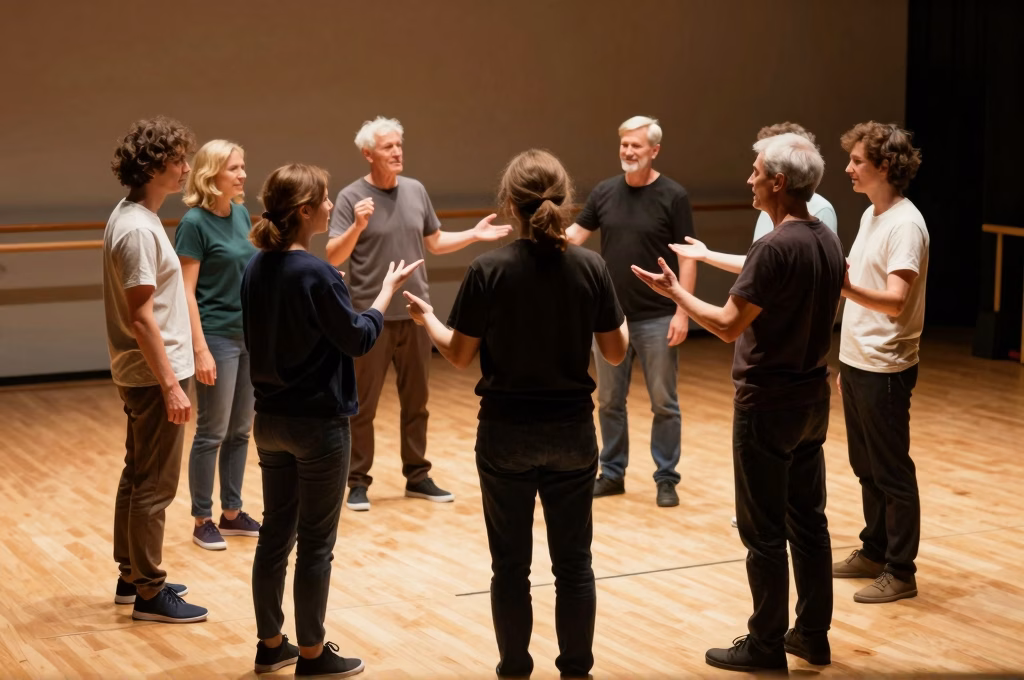 Groupe d'adultes debutants en atelier de theatre pratiquant des exercices d'expression dans une salle chaleureuse