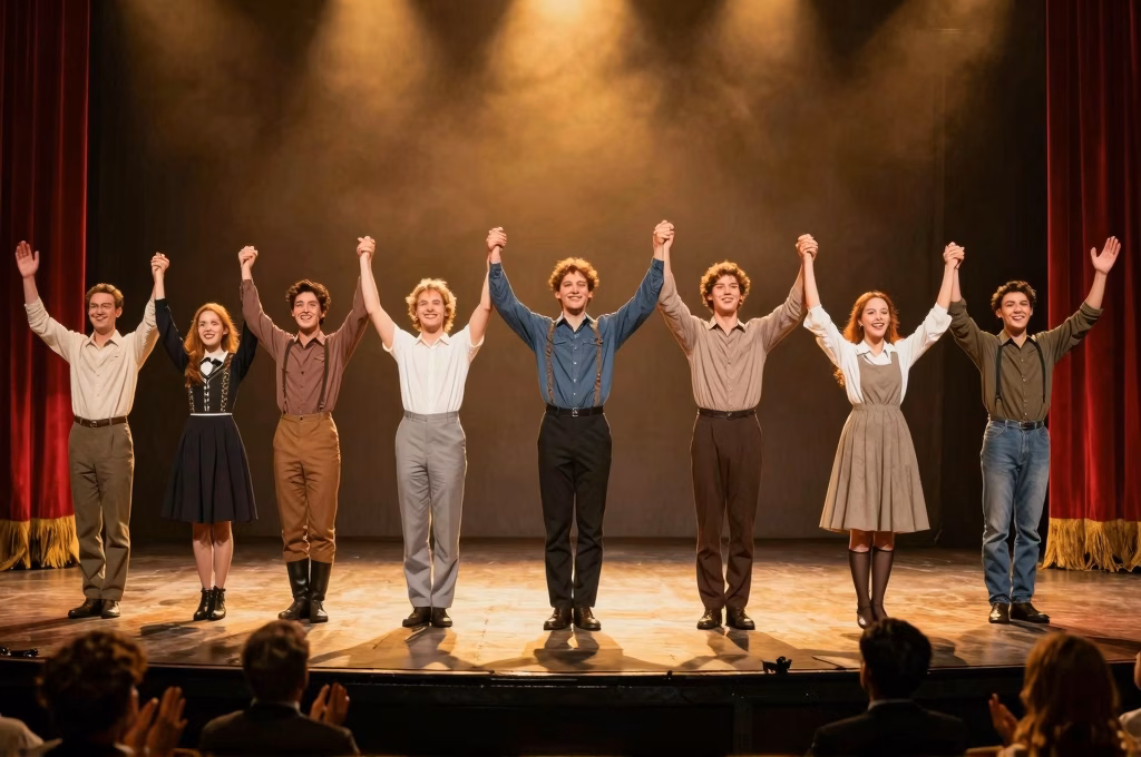 Troupe de comediens amateurs saluant le public sur scene apres une representation theatrale