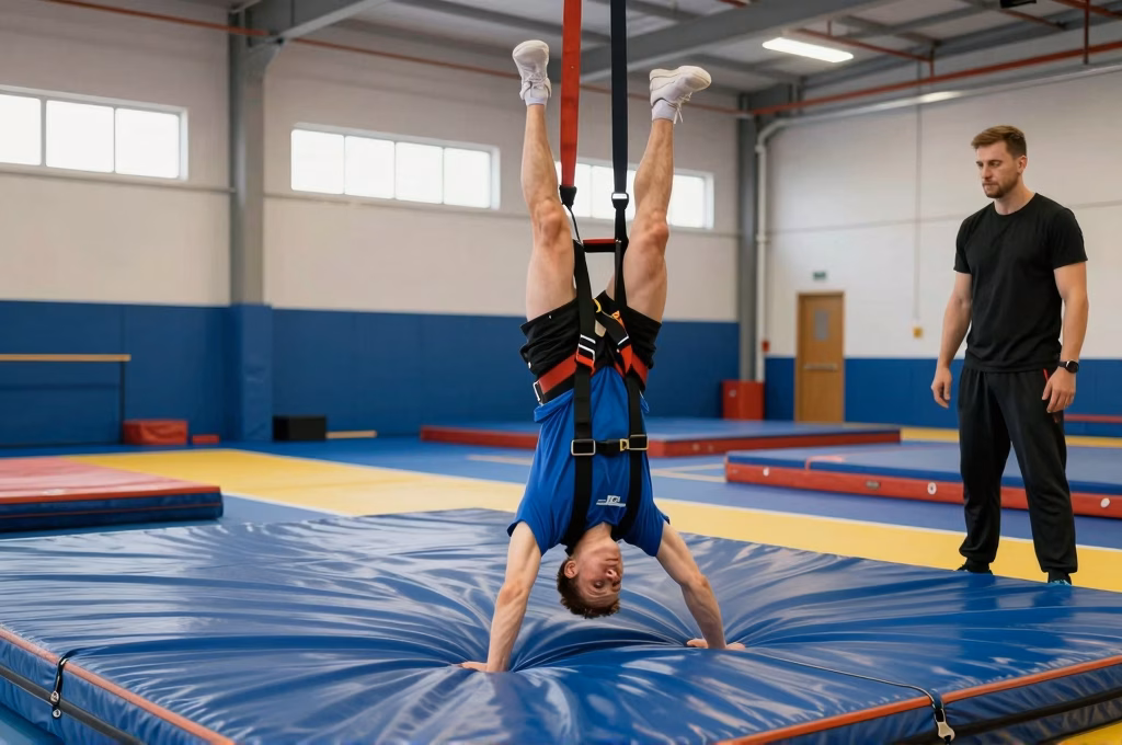 Entraînement de cascadeur en salle spécialisée avec tapis de réception et harnais de sécurité