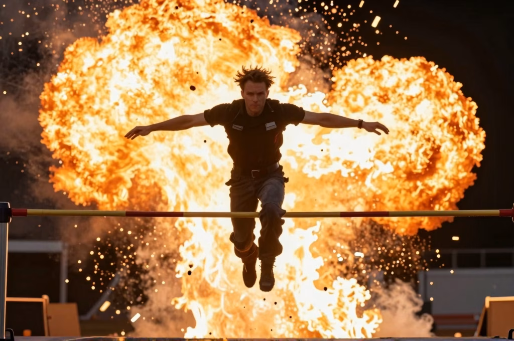 Cascadeur professionnel exécutant un saut spectaculaire devant une explosion sur un plateau de cinéma
