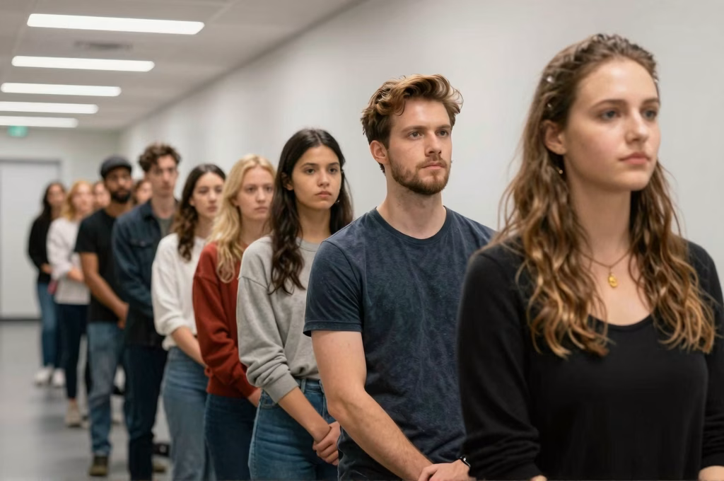 File de personnes attendant dans un couloir pour un casting de figurants
