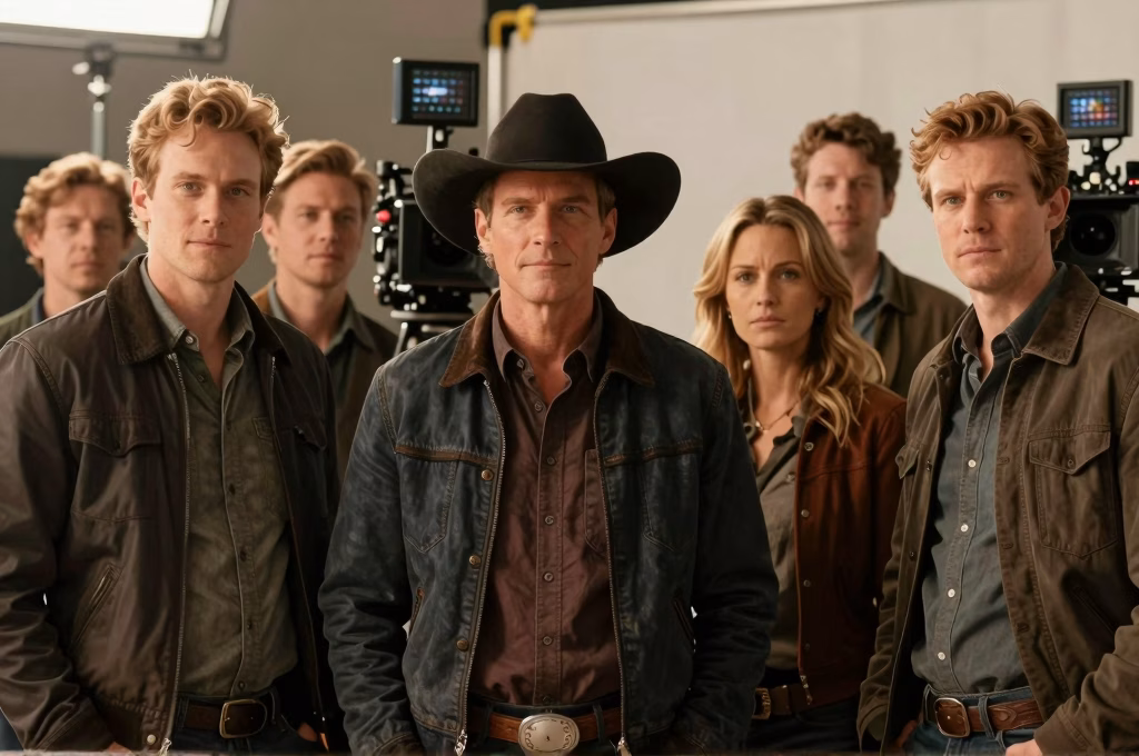 Groupe de figurants sur un plateau de tournage professionnel avec cameras et equipement