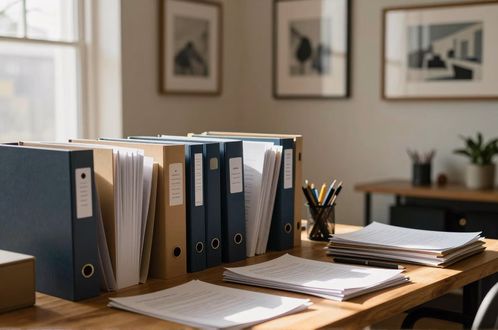Bureau administratif artistique avec dossiers et documents pour gestion intermittent du spectacle