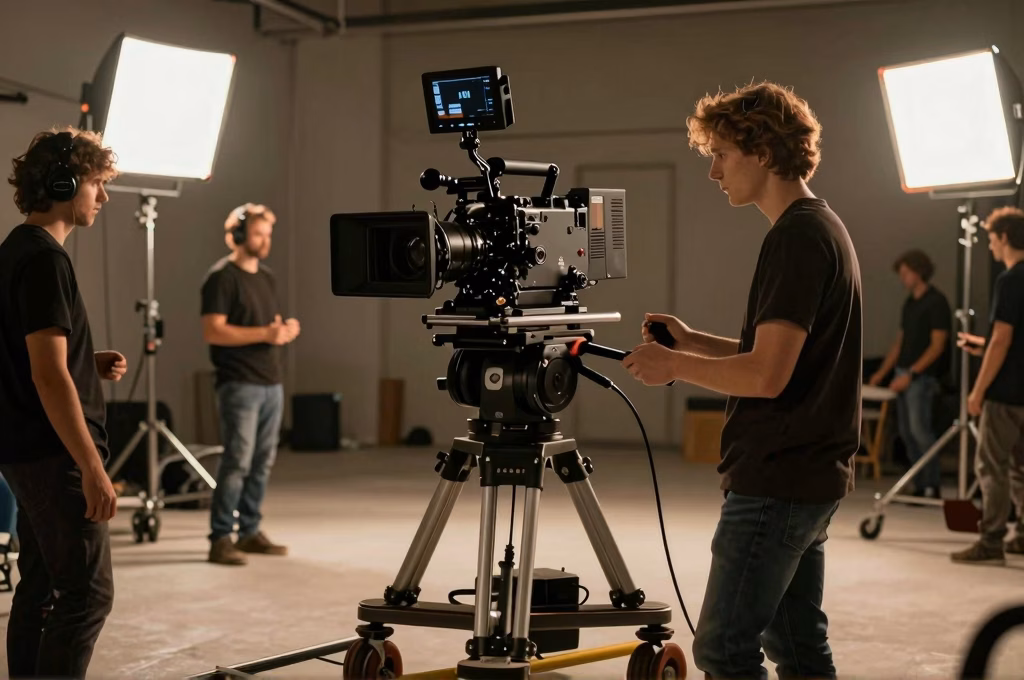 Plateau de tournage cinema avec equipe technique, cameras et eclairages professionnels