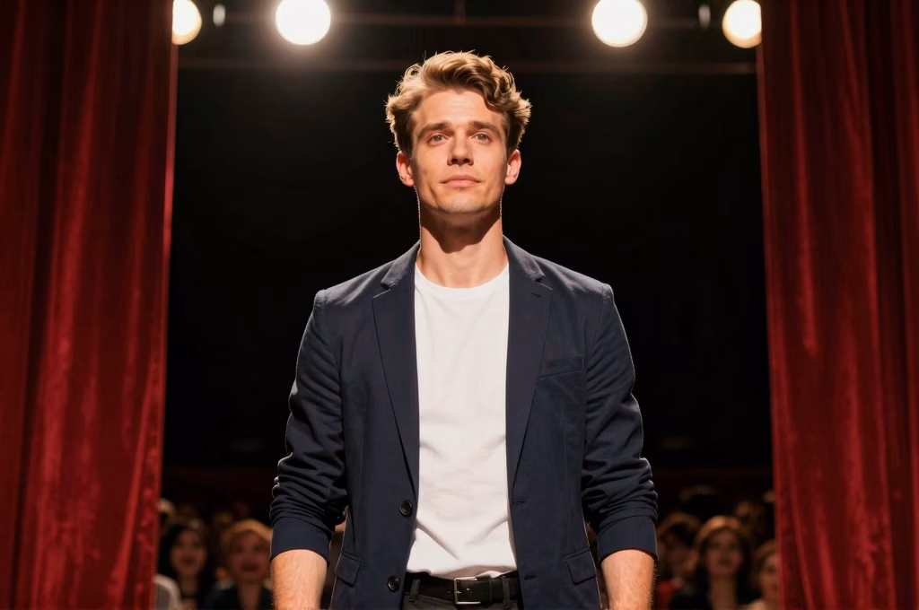 Acteur sur scene de theatre sous les projecteurs lors d'une representation de spectacle vivant