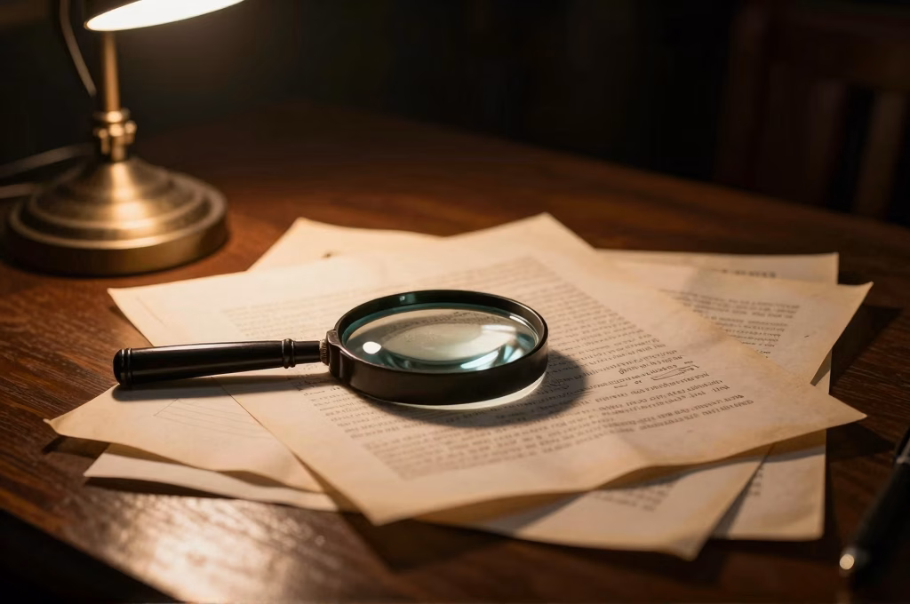 Table d'enquete criminelle avec loupe et dossiers sous eclairage tamisé, ambiance documentaire true crime