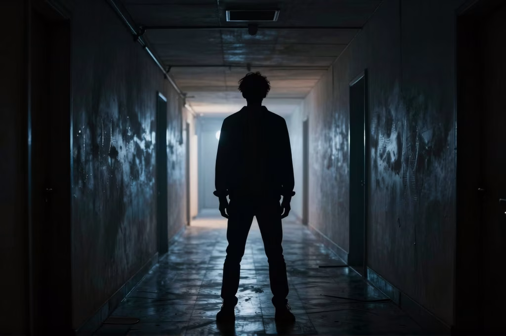 Silhouette sombre dans un couloir faiblement éclairé évoquant le profil psychologique des tueurs en série
