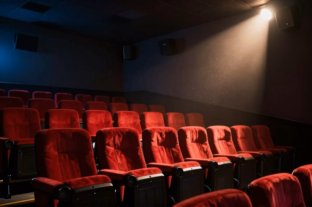 Salle de cinéma vide aux fauteuils rouges baignée d'une lumière dramatique pour visionner un documentaire