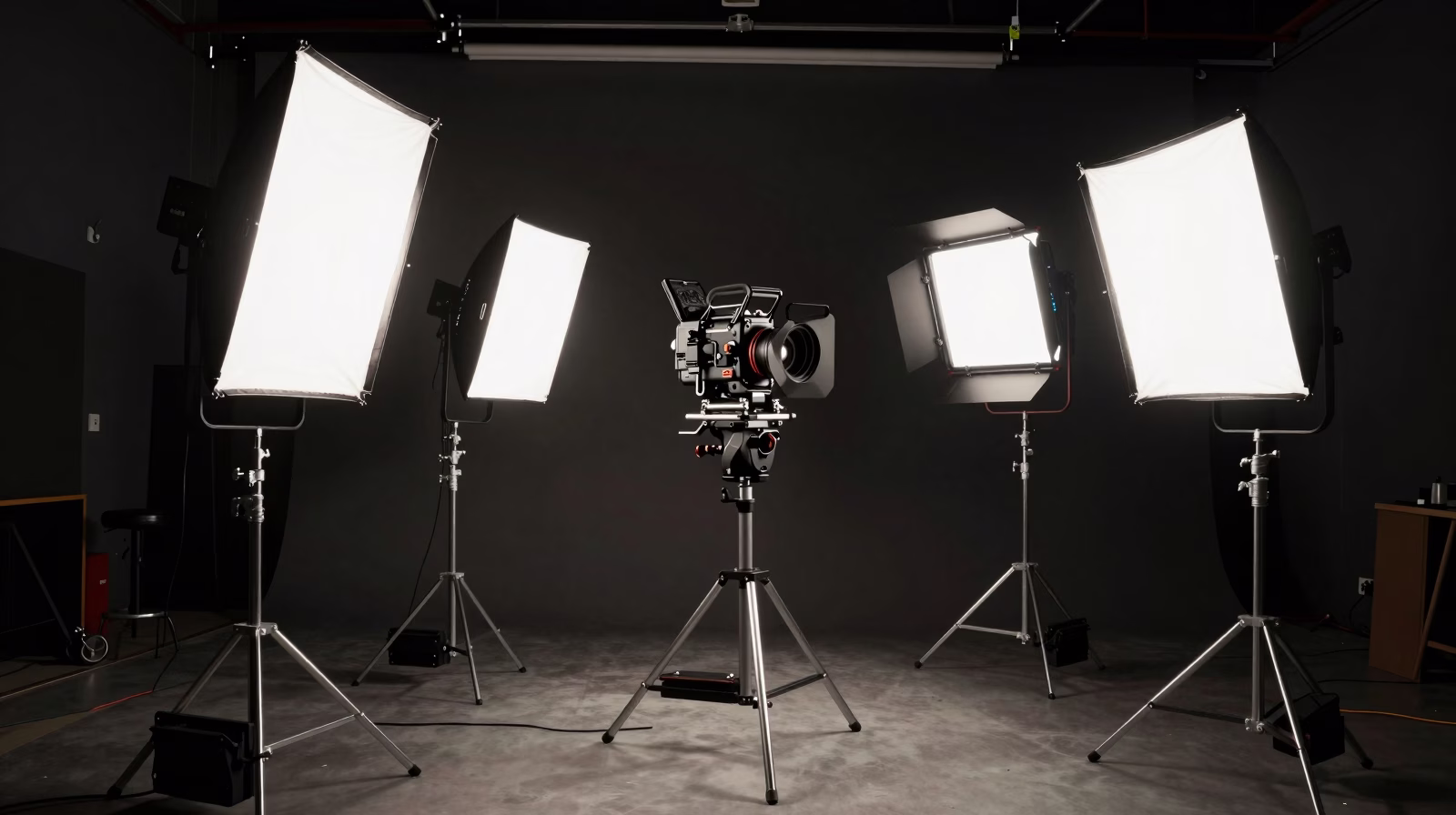 Éclairage professionnel sur plateau de tournage