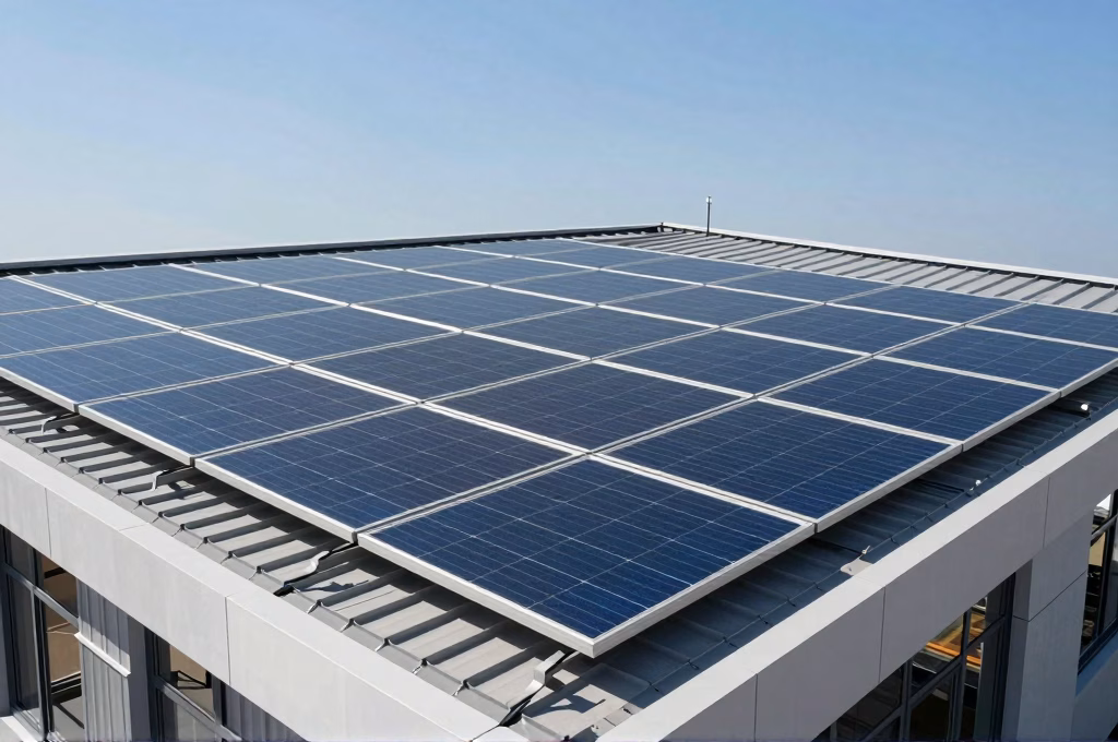 Panneaux solaires installés sur le toit d'un bâtiment moderne pour l'énergie renouvelable