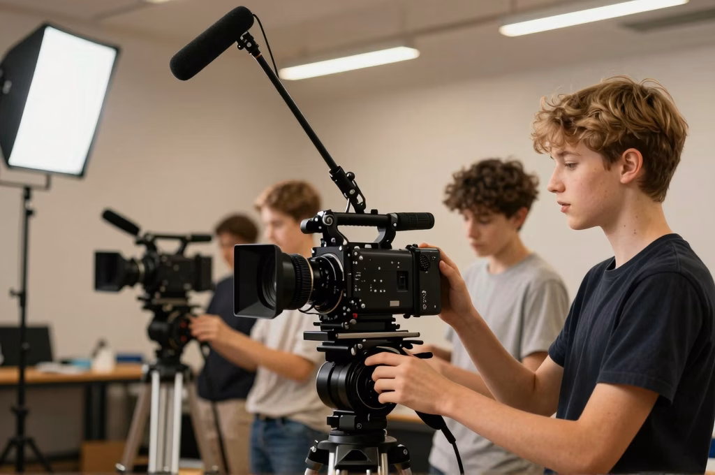 Salle de formation audiovisuelle avec équipement technique professionnel pour étudiants sans baccalauréat
