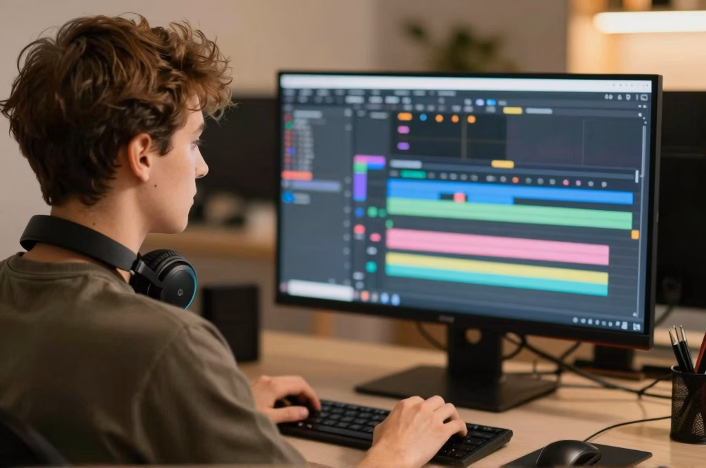 Étudiant en montage vidéo sur station professionnelle dans une école de cinéma accessible sans bac