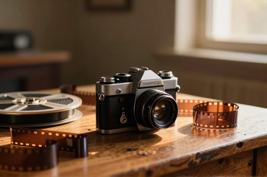 Camera vintage 35mm et bobines de pellicule sur une table en bois, atmosphere chaleureuse du cinema independant