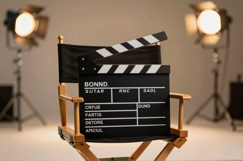 Clap de cinema et chaise de realisateur sur un plateau de tournage independant avec eclairage professionnel
