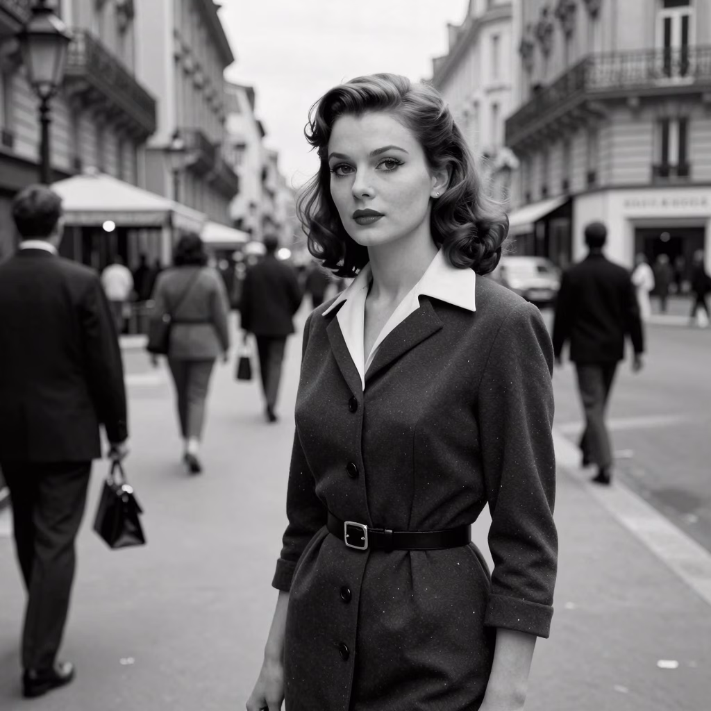 Esthétique de la Nouvelle Vague française avec femme élégante en style années 1960 sur boulevard parisien
