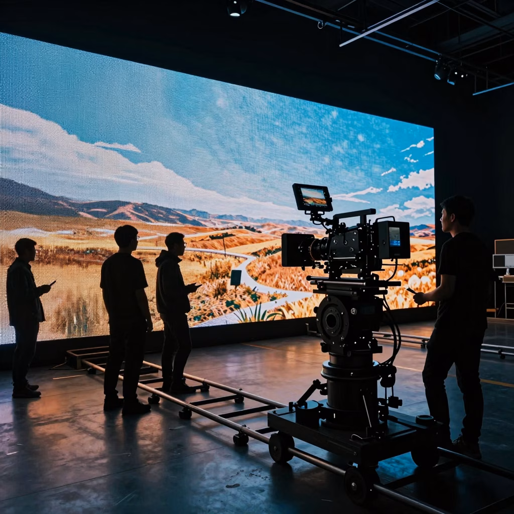 Studio de production moderne avec mur LED et équipement 4K