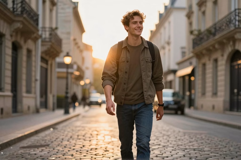 Jeune acteur francais marchant avec assurance dans une rue parisienne au coucher du soleil