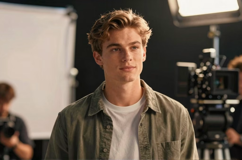Jeune acteur francais sur un plateau de tournage professionnel baigne de lumiere cinematographique