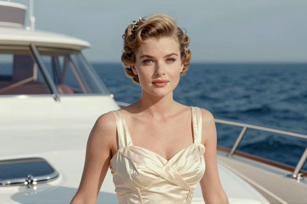 Scène cinématographique vintage avec jeune femme élégante sur yacht méditerranéen années 1950
