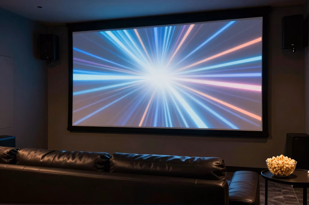Salon home cinema cosy avec projection murale et eclairage d'ambiance pour soiree thriller Netflix