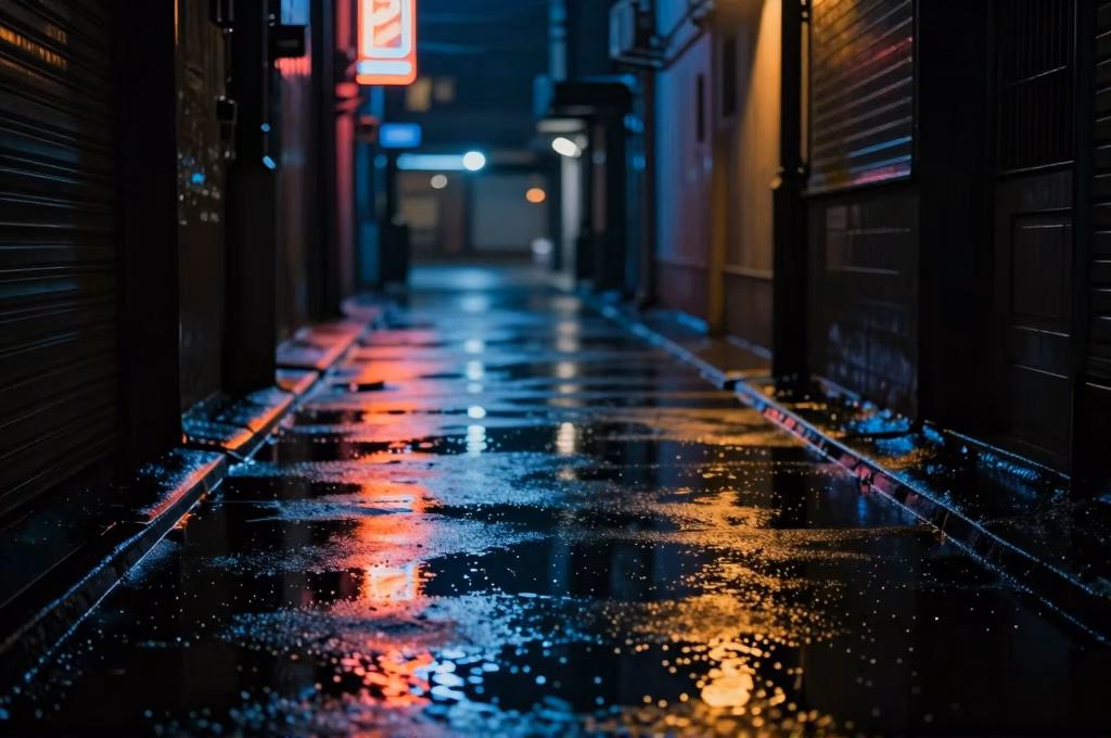 Rue urbaine pluvieuse de nuit avec reflets neon sur le bitume mouille, atmosphere film noir et thriller