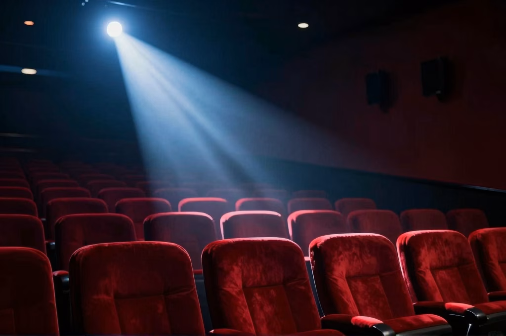 Salle de cinema sombre avec fauteuils rouges et eclairage dramatique evoquant le suspense des thrillers Netflix