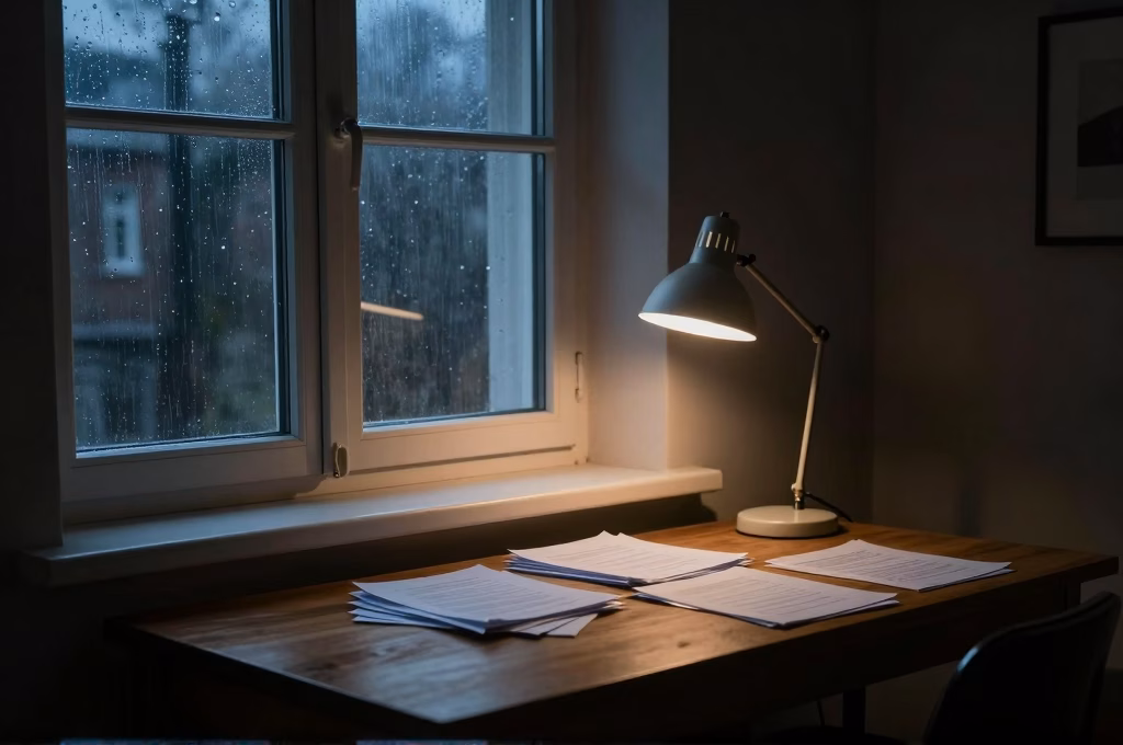 Bureau d'enquete sombre avec lampe et dossiers dans un interieur scandinave minimaliste evoquant le Nordic Noir