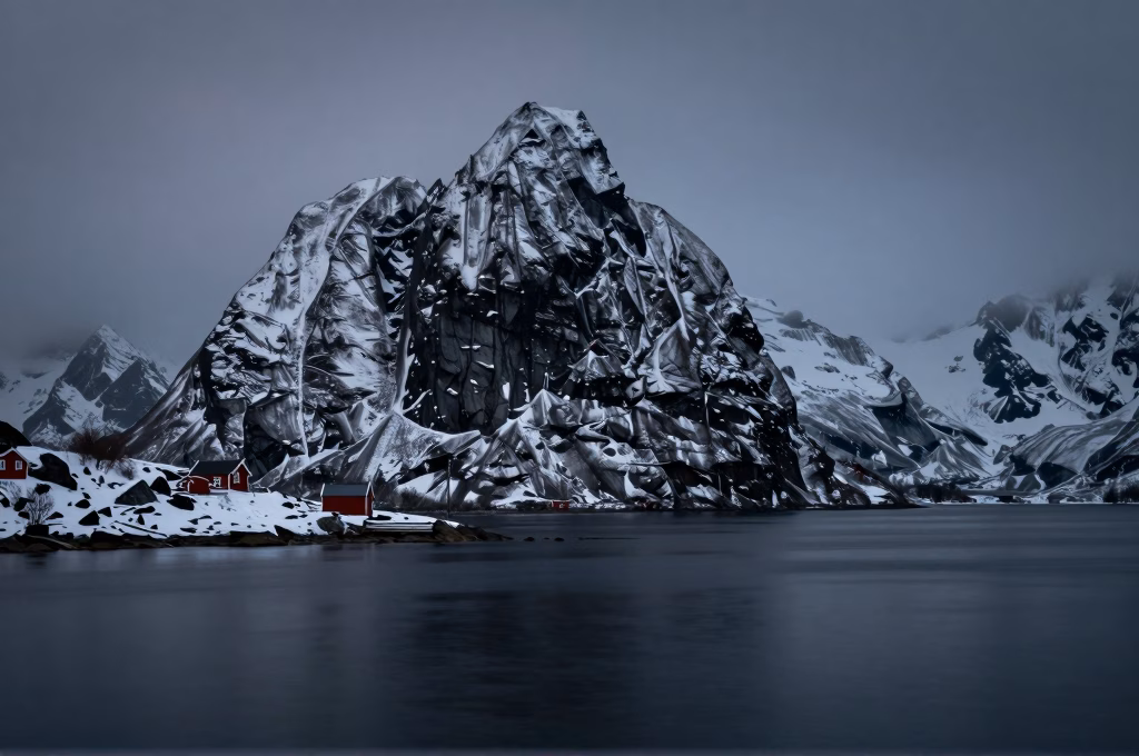 Paysage de fjord nordique au crepuscule avec cabane isolee et montagnes enneigees dans une atmosphere de thriller scandinave