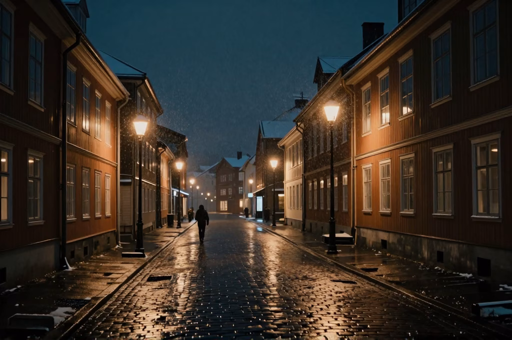 Rue scandinave la nuit sous la neige avec silhouette mysterieuse et eclairage cinematographique de thriller