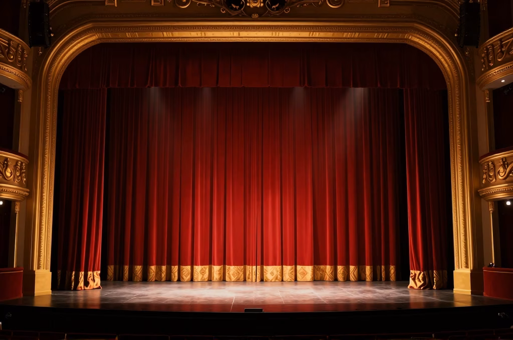 Scène de théâtre classique avec rideau rouge et éclairage dramatique évoquant la tradition stanislavskienne