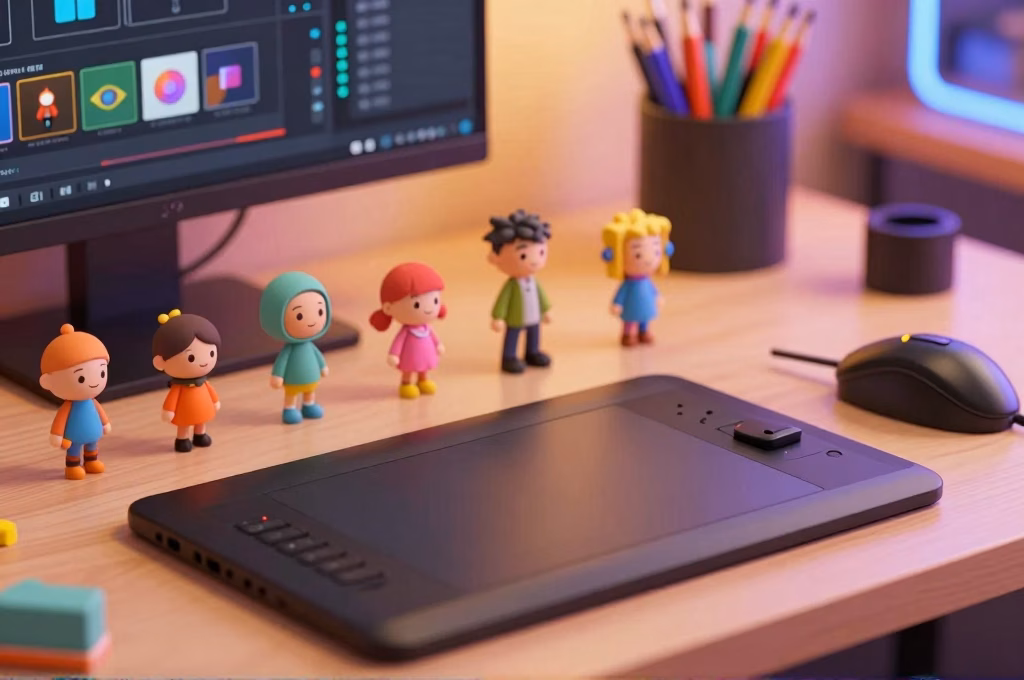 Espace de travail creatif pour animation et effets visuels avec figurines 3D et tablette graphique
