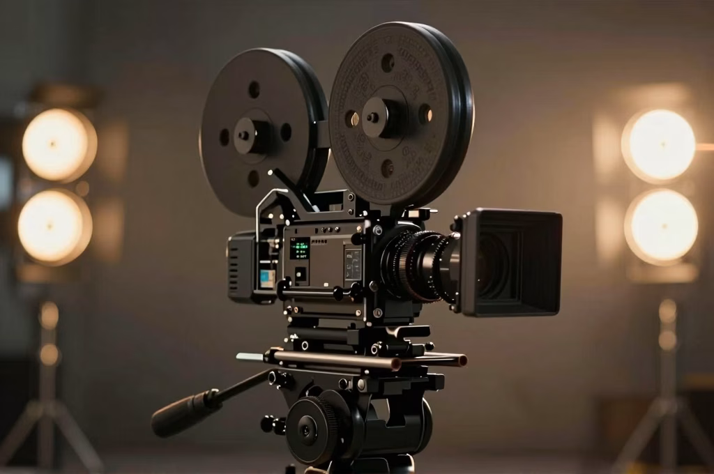 Camera de cinema professionnelle avec matte box et follow focus, eclairage cinematographique dore