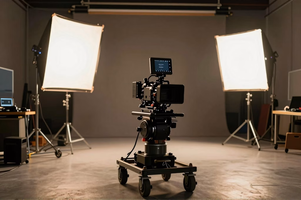 Plateau de tournage professionnel avec equipement cinema, dolly sur rails et eclairages de studio