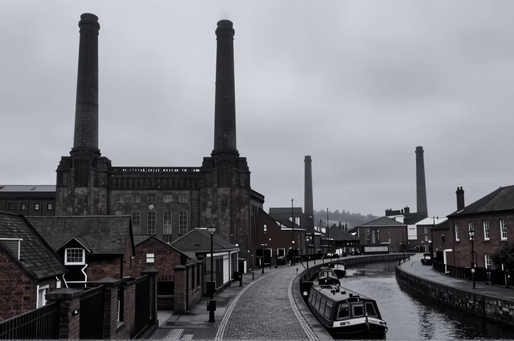 Vue panoramique du Birmingham industriel des années 1920 avec usines et cheminées fumantes
