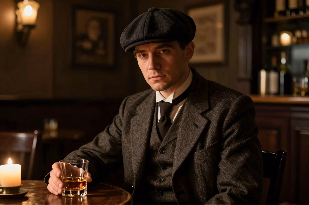 Homme en costume trois-pièces et casquette dans un pub enfumé des années 1920 style Peaky Blinders