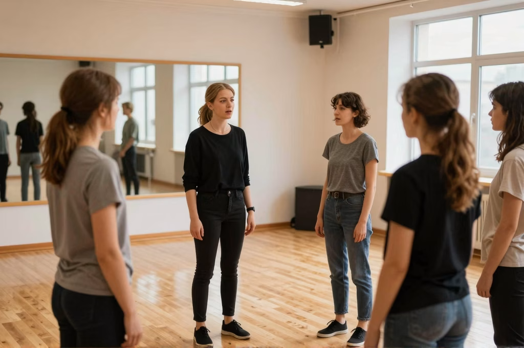 Coach aidant des acteurs à travailler les émotions lors d'un cours de théâtre
