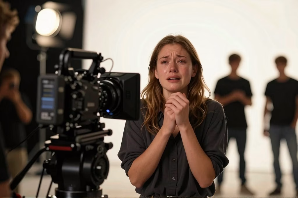 Actrice jouant une scène émotionnelle sur un plateau de tournage cinéma