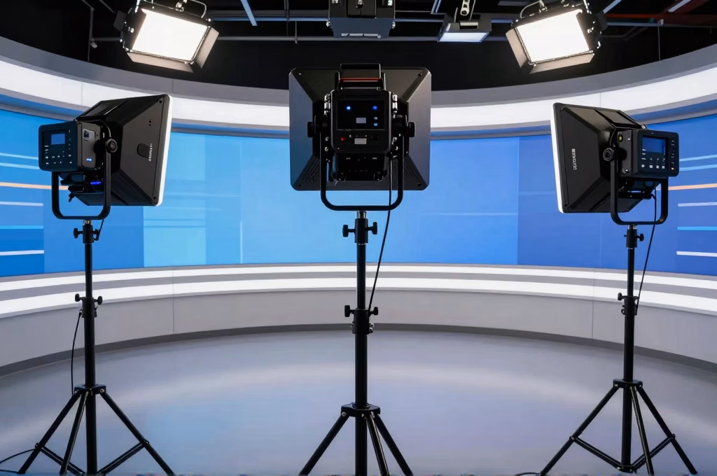 Plateau de télévision professionnel avec équipement de diffusion et éclairage